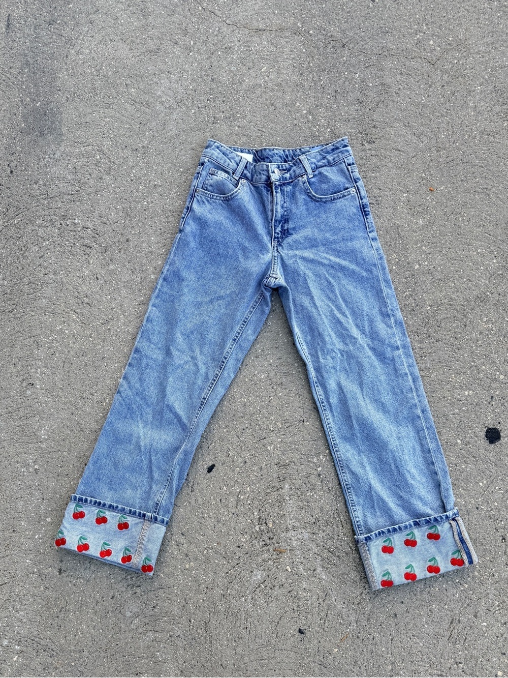 Zara Kids Cuffed Light Wash Jeans with Cherry Embroidery - 11/12